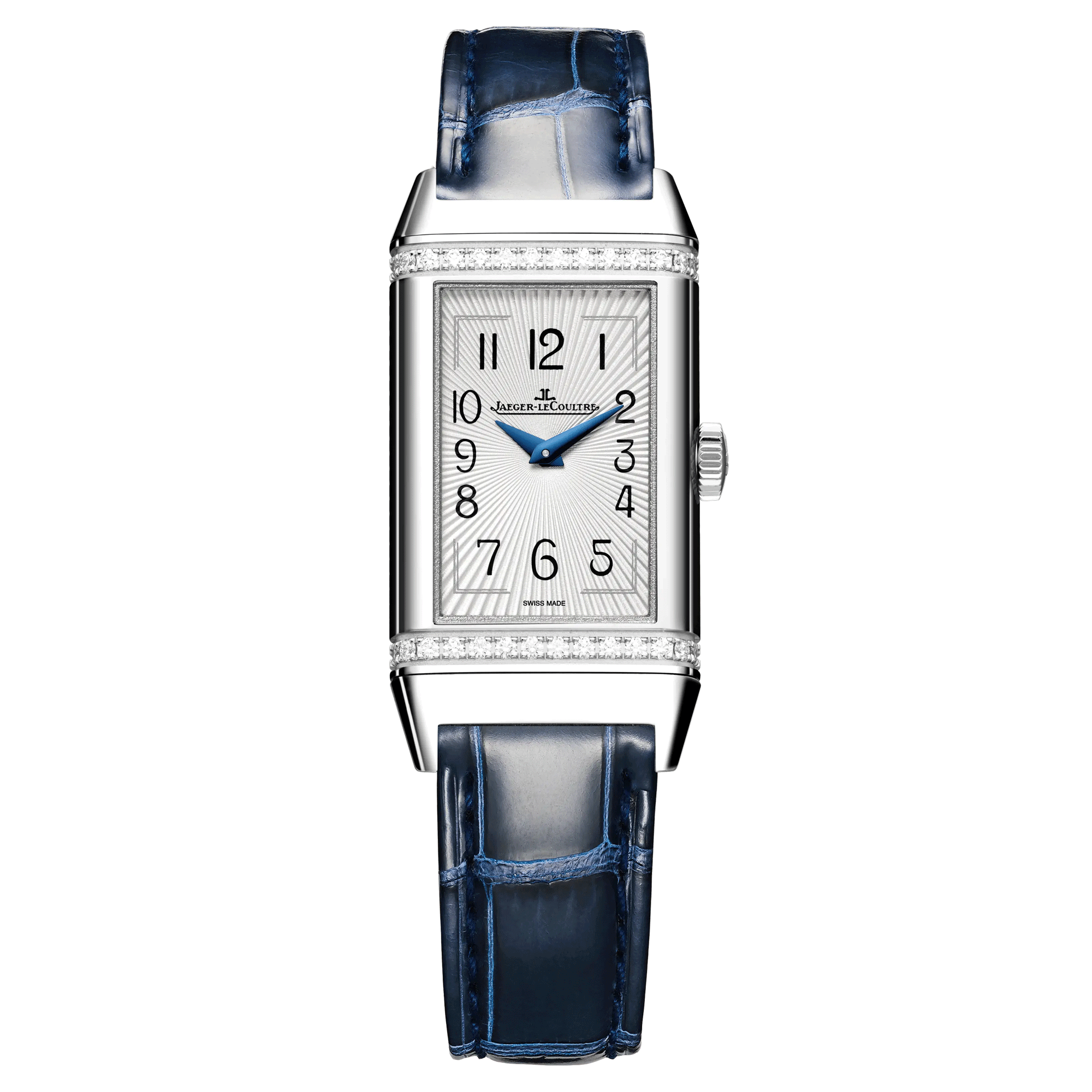 Montre Jaeger-LeCoultre Reverso One quartz cadran argent lunette sertie bracelet cuir bleu Q3288420