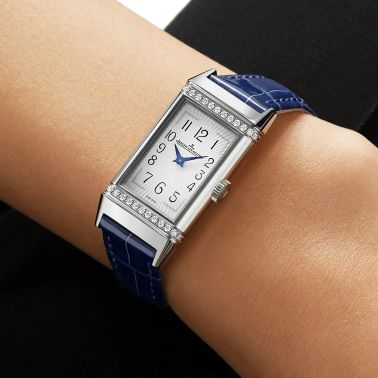 Jaeger-LeCoultre Reverso One quartz watch silver dial set bezel blue leather strap