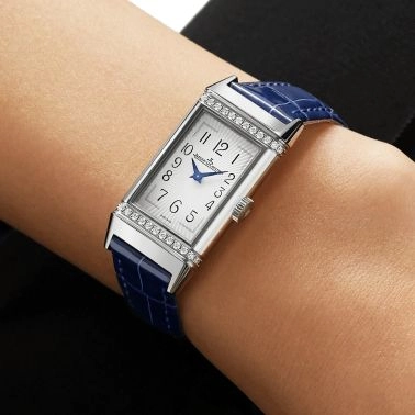 Jaeger-LeCoultre Reverso One quartz watch silver dial set bezel blue leather strap
