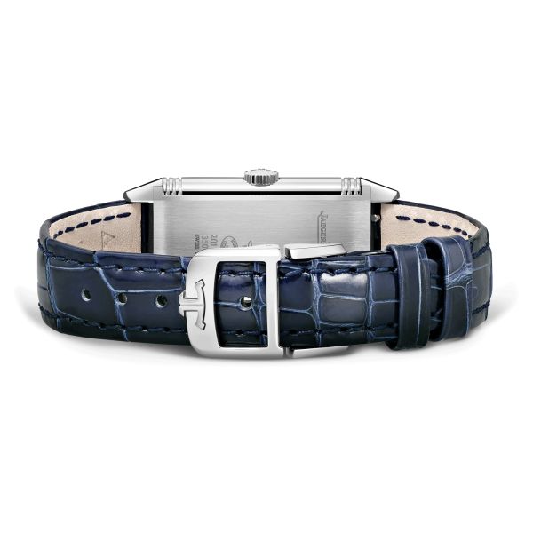 Montre Jaeger-LeCoultre Reverso One quartz cadran argent lunette sertie bracelet cuir bleu Q3288420