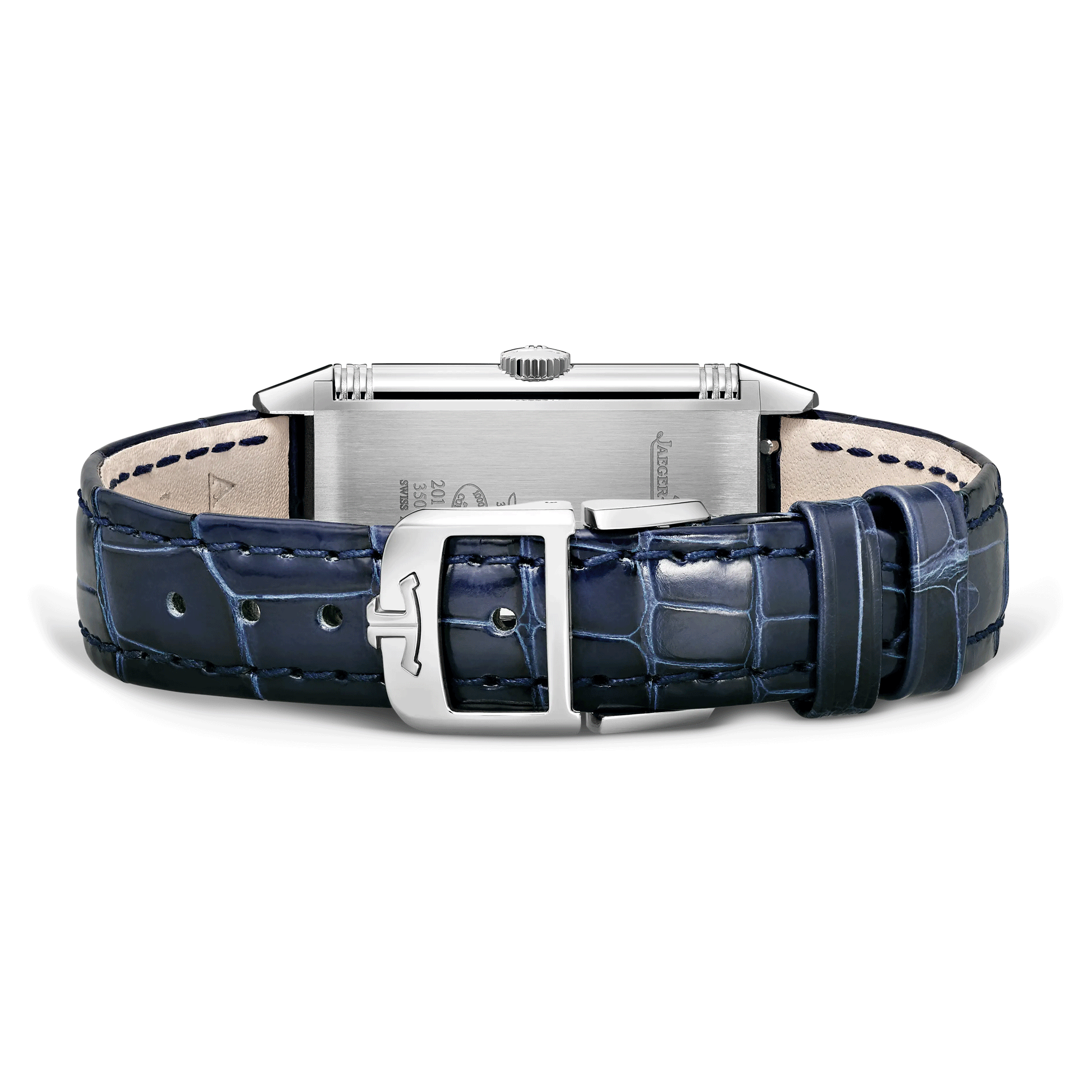 Montre Jaeger-LeCoultre Reverso One quartz cadran argent lunette sertie bracelet cuir bleu Q3288420