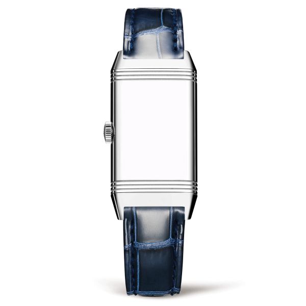 Jaeger-LeCoultre Reverso One quartz watch silver dial set bezel blue leather strap