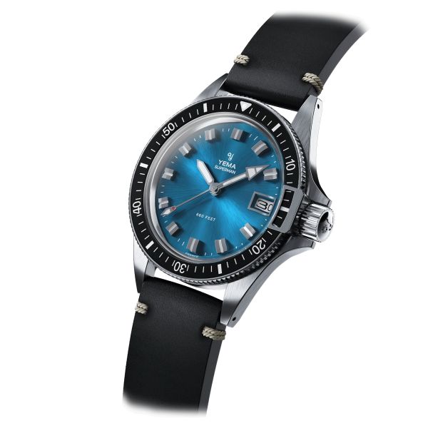 Yema Superman Heritage quartz watch blue dial black leather strap 39 mm MHF1574-JA62