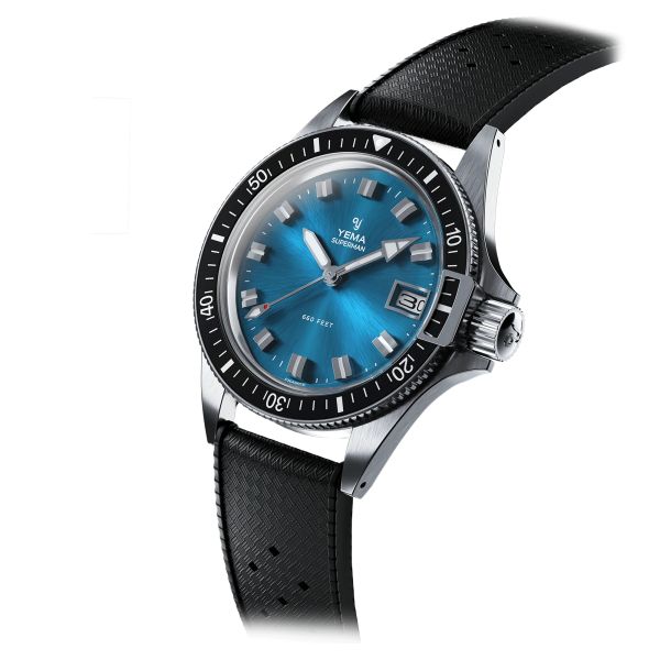 Yema Superman Heritage quartz watch blue dial black rubber strap 39 mm YMHF1574-JTP