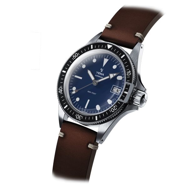 Yema Superman Heritage quartz watch dark blue dial brown leather strap 39 mm YMHF1573-GU62