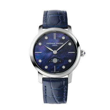 Montre Frédérique Constant Slimline Moonphase quartz cadran nacre bleu bracelet cuir bleu 30 mm
