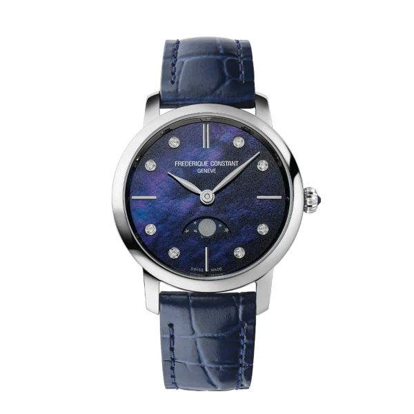 Frédérique Constant Slimline Moonphase quartz blue mother-of-pearl dial blue leather strap 30 mm