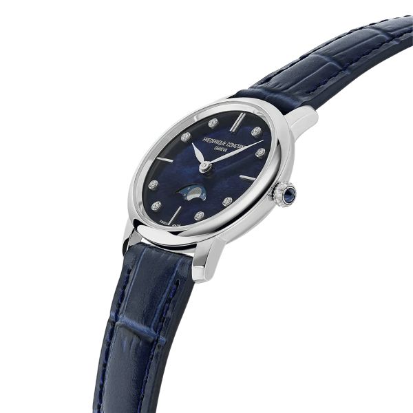 Frédérique Constant Slimline Moonphase quartz blue mother-of-pearl dial blue leather strap 30 mm