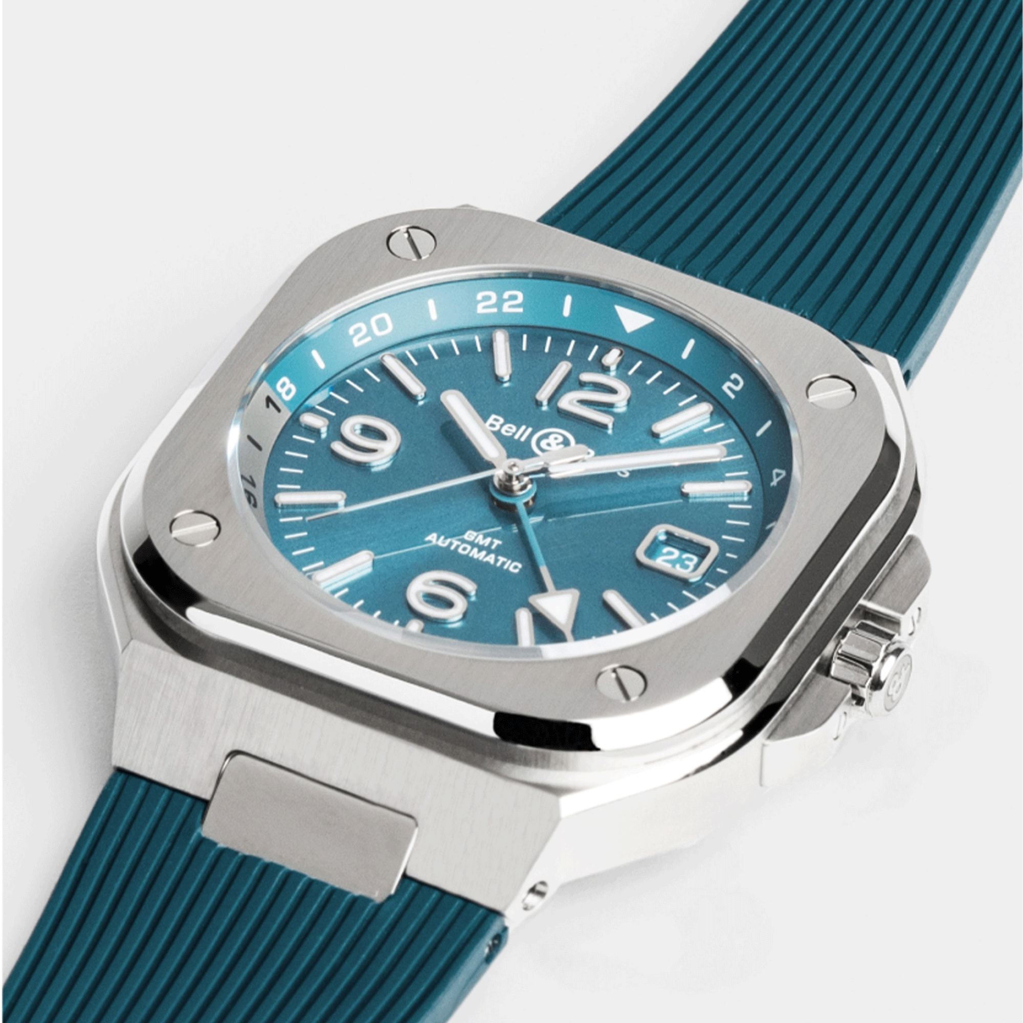 Montre Bell & Ross BR 05 GMT Sky Blue automatique cadran bleu bracelet caoutchouc 41 mm
