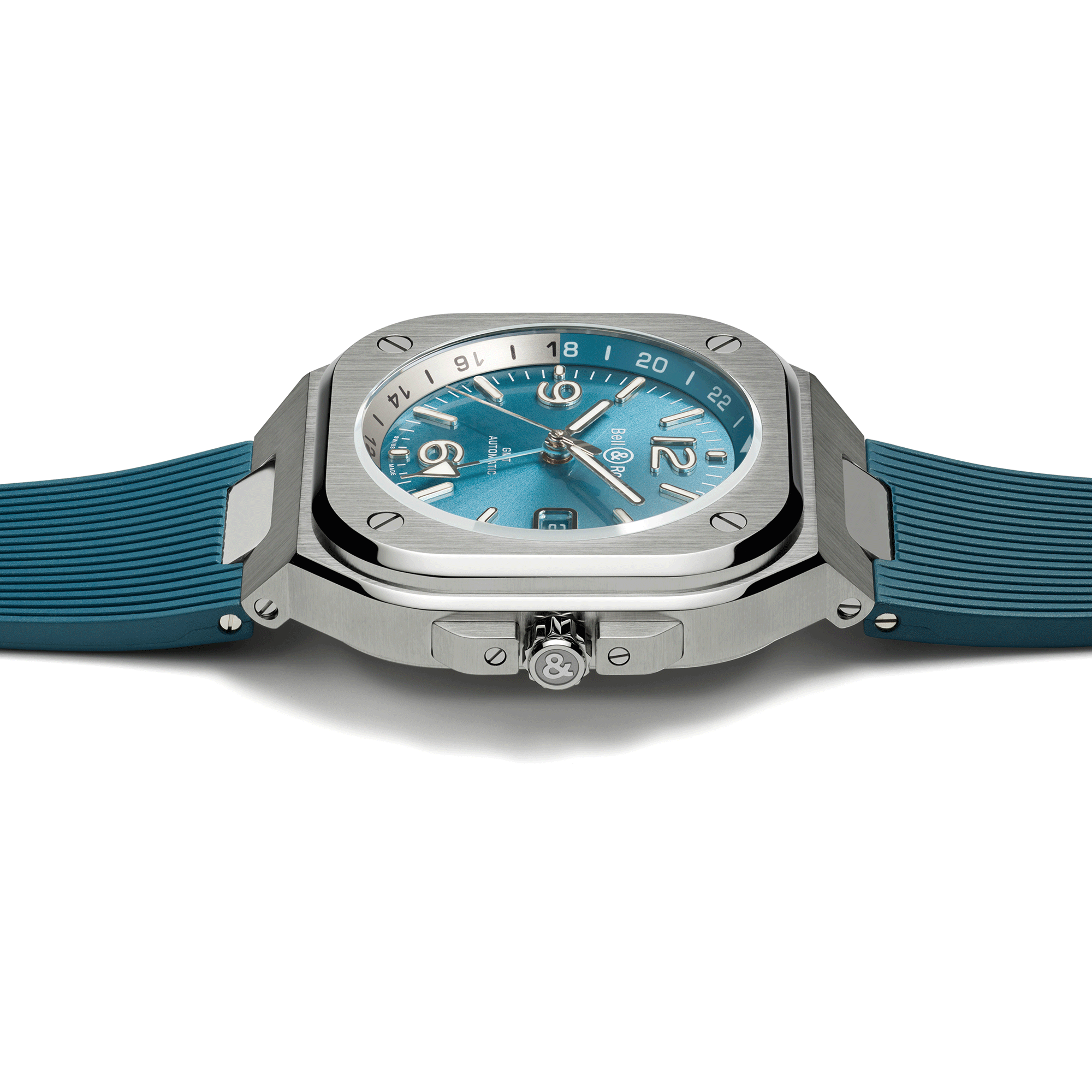 Montre Bell & Ross BR 05 GMT Sky Blue automatique cadran bleu bracelet caoutchouc 41 mm