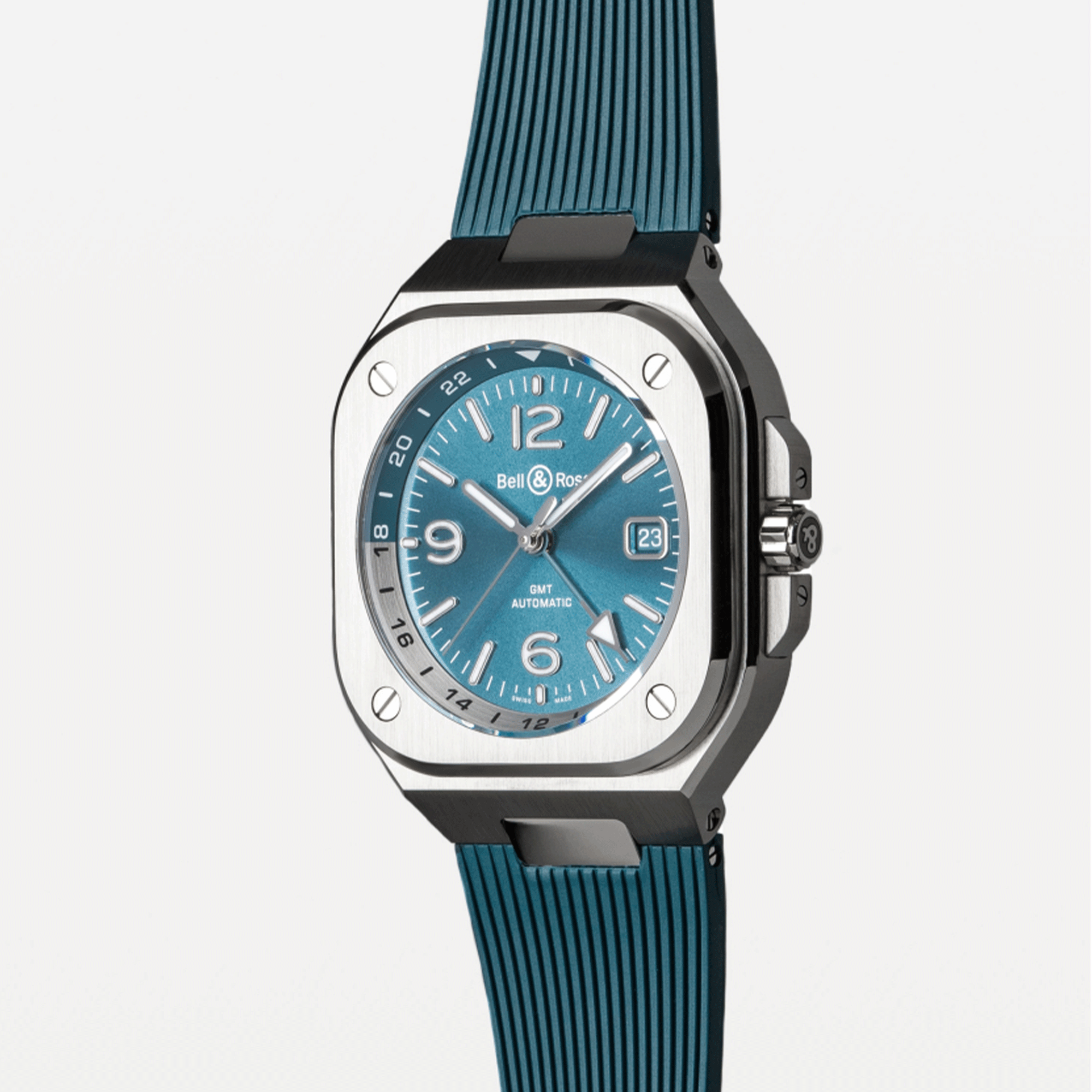 Montre Bell & Ross BR 05 GMT Sky Blue automatique cadran bleu bracelet caoutchouc 41 mm
