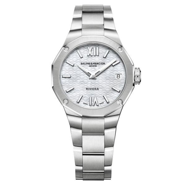 Montre Baume et Mercier Riviera Diamants quartz cadran blanc bracelet acier 33 mm 10729