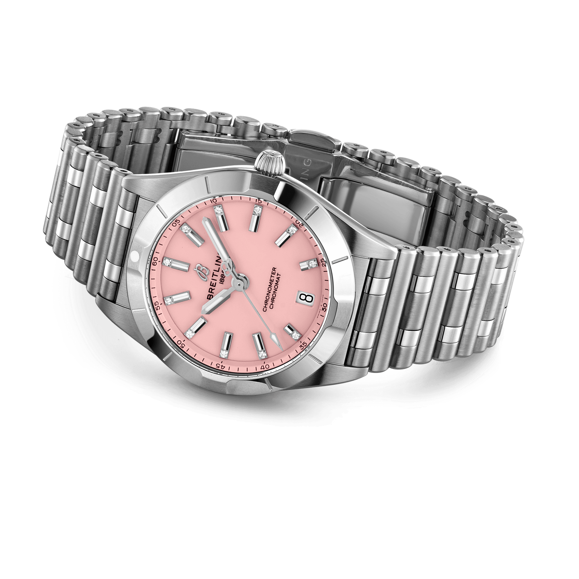 Breitling Chronomat Diamonds quartz pink dial steel bracelet 32 mm