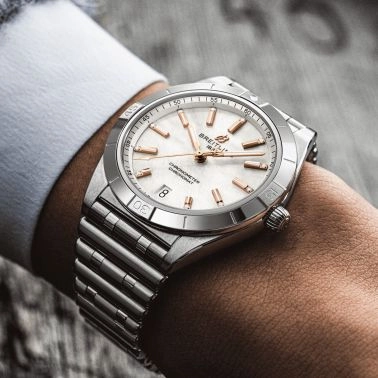 Breitling Chronomat Diamants Red Gold automatic watch white mother-of-pearl dial steel bracelet 36 mm