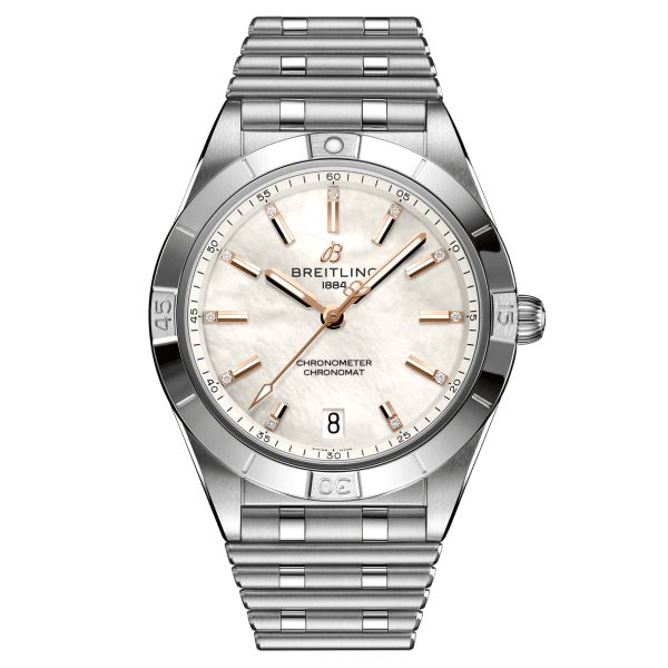 Montre Breitling Chronomat Diamants Or Rouge automatique cadran nacre blanche bracelet acier 36 mm A10380101A4A1