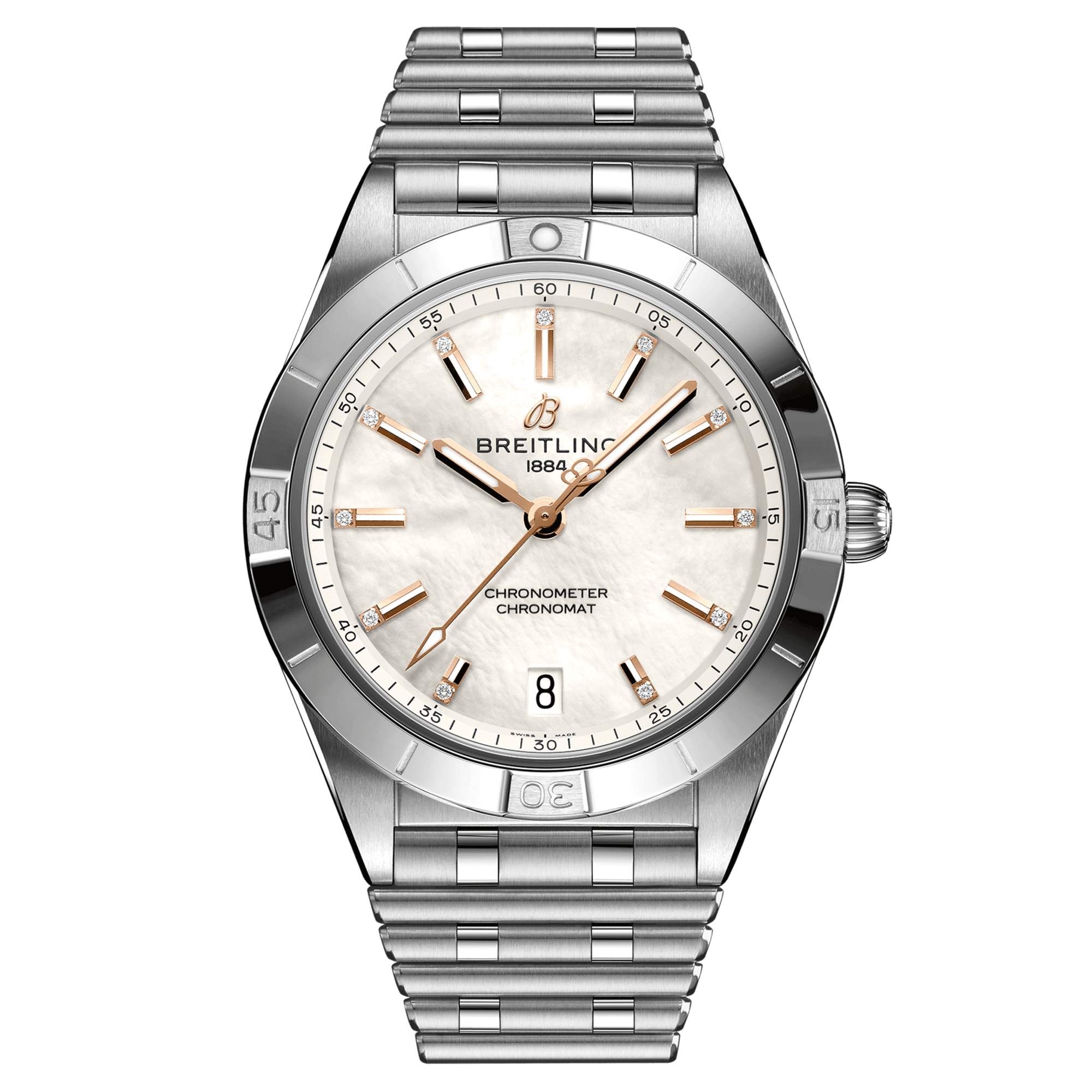 Breitling Chronomat Diamants Red Gold automatic watch white mother-of-pearl dial steel bracelet 36 mm