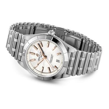 Breitling Chronomat Diamants Red Gold automatic watch white mother-of-pearl dial steel bracelet 36 mm