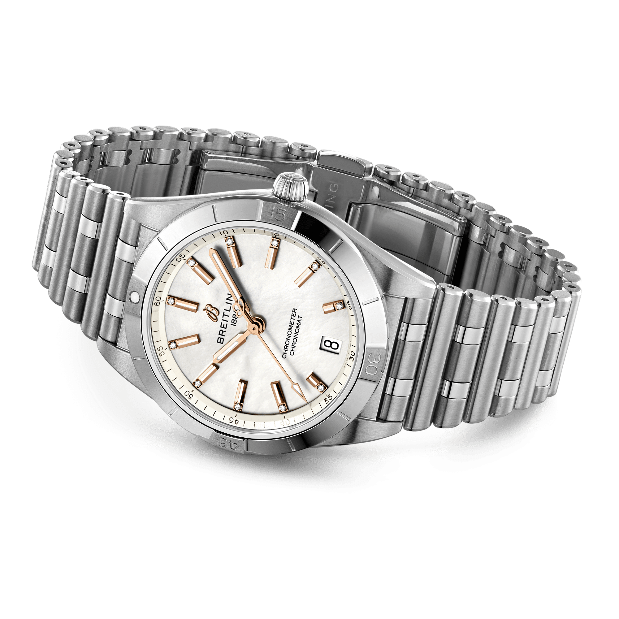 Breitling Chronomat Diamants Red Gold automatic watch white mother-of-pearl dial steel bracelet 36 mm