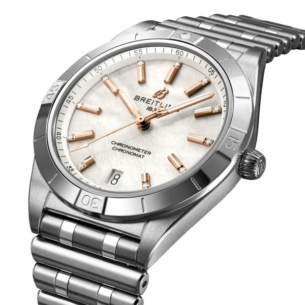 Breitling Chronomat Diamants Red Gold automatic watch white mother-of-pearl dial steel bracelet 36 mm