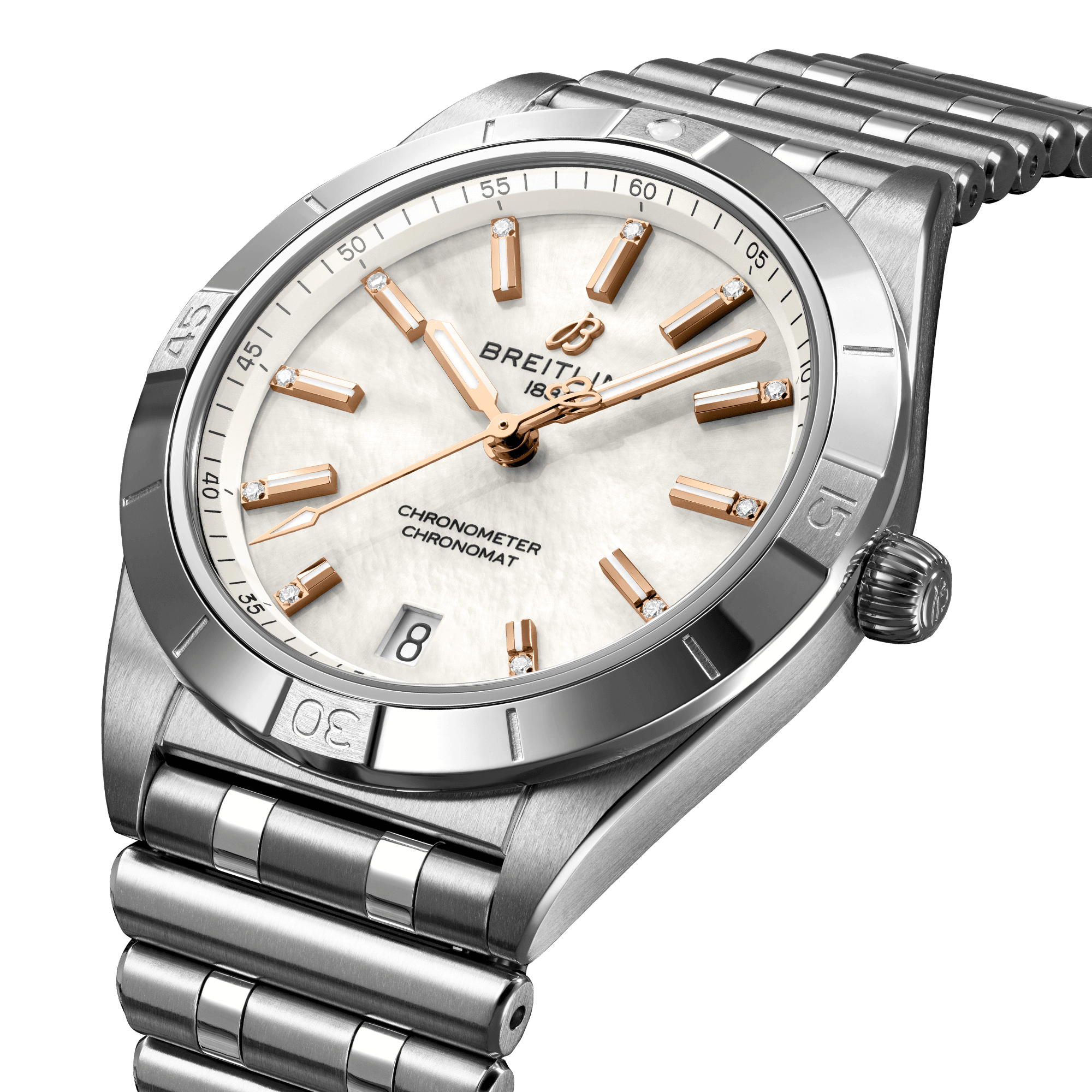 Breitling Chronomat Diamants Red Gold automatic watch white mother-of-pearl dial steel bracelet 36 mm