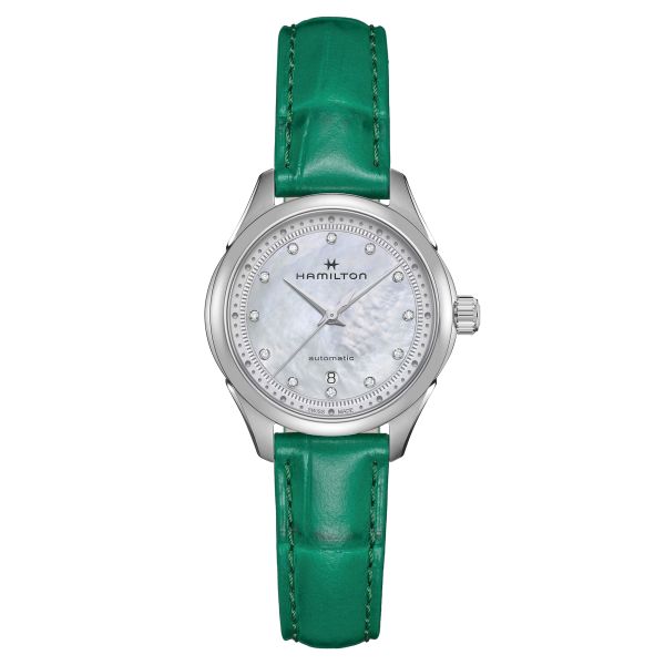 Hamilton Jazzmaster Lady automatic watch diamond index white mother-of-pearl dial green leather strap 30 mm