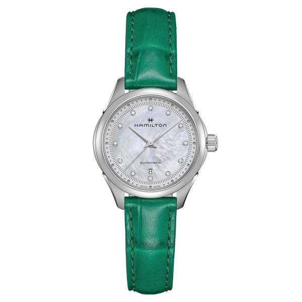 Montre Hamilton Jazzmaster Lady automatique index diamants cadran nacre blanche bracelet cuir vert 30 mm H32275890