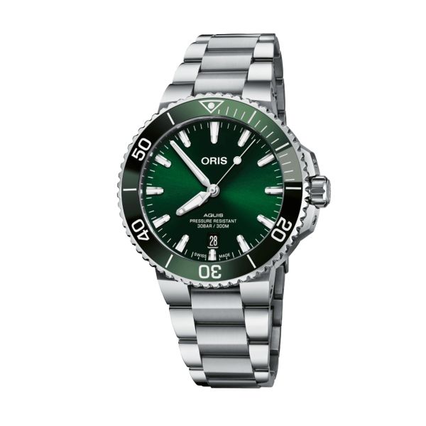 Montre Oris Plongée Aquis Date automatique cadran vert bracelet acier 41,5 mm