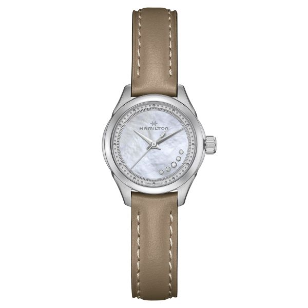 Hamilton Jazzmaster Lady quartz diamond watch blue mother-of-pearl dial taupe leather strap 26 mm