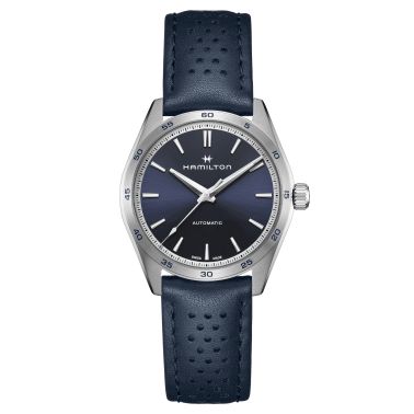 Hamilton Jazzmaster Performer automatic watch blue dial blue leather strap 38 mm