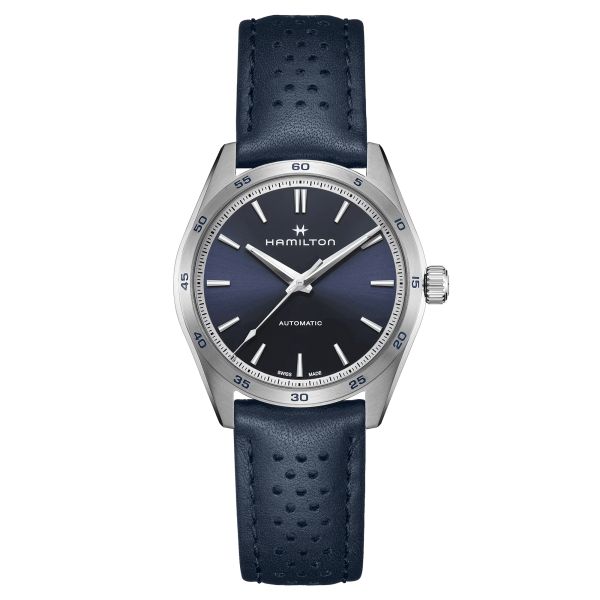 Montre Hamilton Jazzmaster Performer automatique cadran bleu bracelet cuir bleu 38 mm H36215640