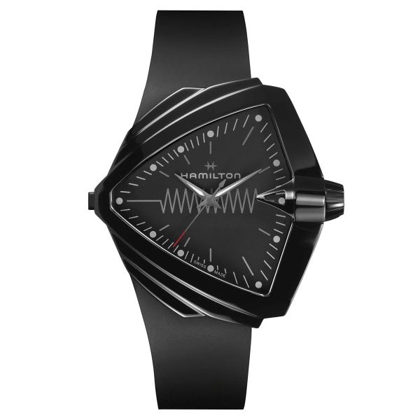 Hamilton Ventura XXL Bright PVD black quartz watch black dial rubber strap 52 x 47.6 mm