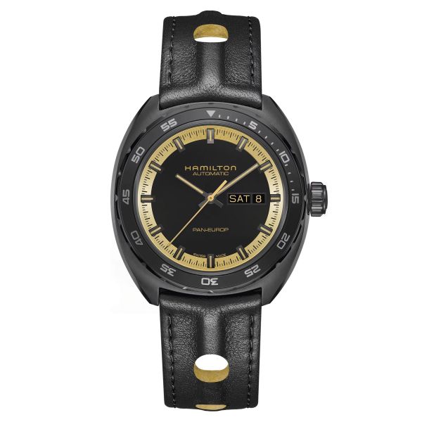 Montre Hamilton American Classic Pan Europ Day Date automatique cadran noir bracelet cuir noir 42 mm H35425730