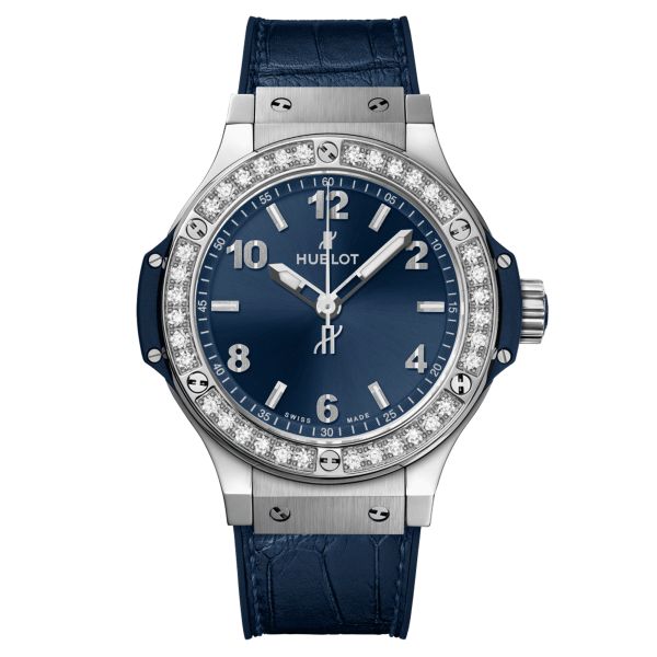 Hublot Big Bang Steel Blue Diamonds quartz watch bezel set blue dial blue leather strap 38 mm