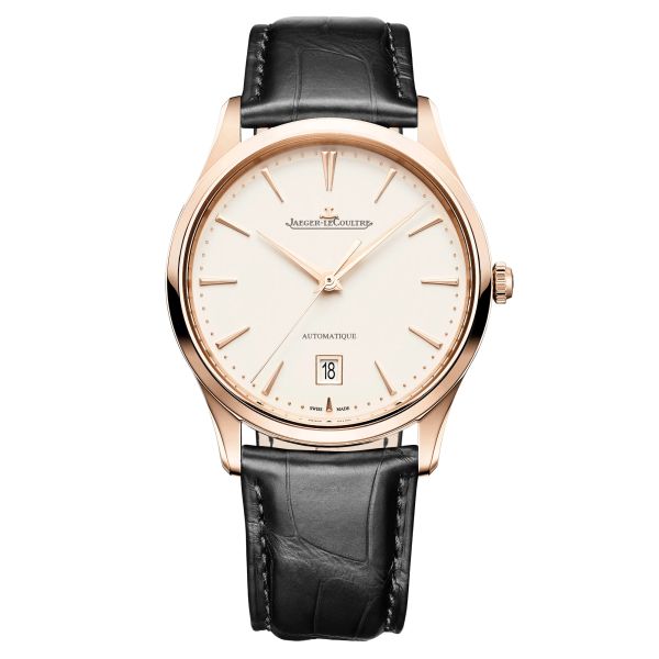 Jaeger-LeCoultre Master Ultra Thin Date automatic rose gold watch beige dial black leather strap 39 mm