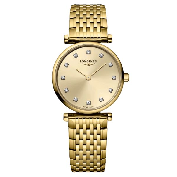 Longines La Grande Classique PVD yellow quartz watch diamond hour markers gold dial pvd steel bracelet 24 mm