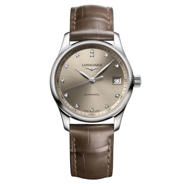 Longines Master Collection automatic watch diamond index beige dial taupe leather strap 34 mm