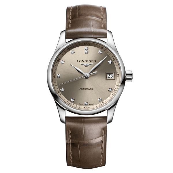 Longines Master Collection automatic watch diamond index beige dial taupe leather strap 34 mm