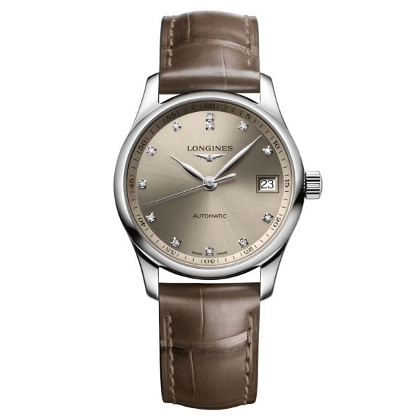 Montre Longines Master Collection automatique index diamants cadran beige bracelet cuir taupe 34 mm L2.357.4.07.2