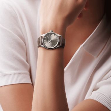 Longines Master Collection automatic watch diamond index beige dial taupe leather strap 34 mm