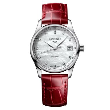 Montre Longines Master Collection automatique index diamants cadran nacre blanche bracelet cuir rouge 34 mm L2.357.4.87.2