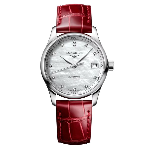 Longines Master Collection automatic watch diamond index white mother-of-pearl dial red leather strap 34 mm