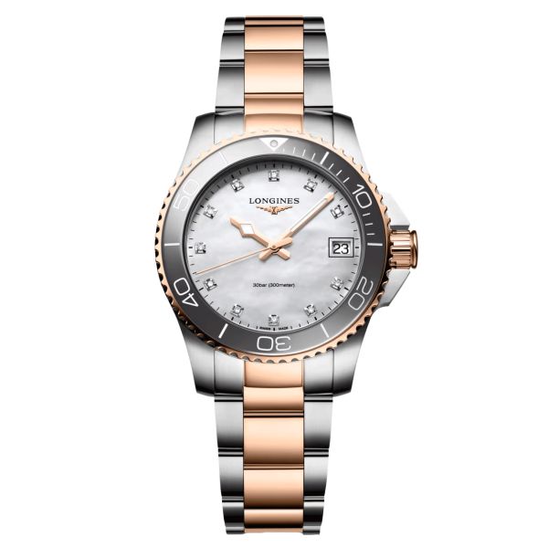Longines Hydroconquest quartz watch diamond markers white mother-of-pearl dial steel bracelet and pink pvd 32 mm
