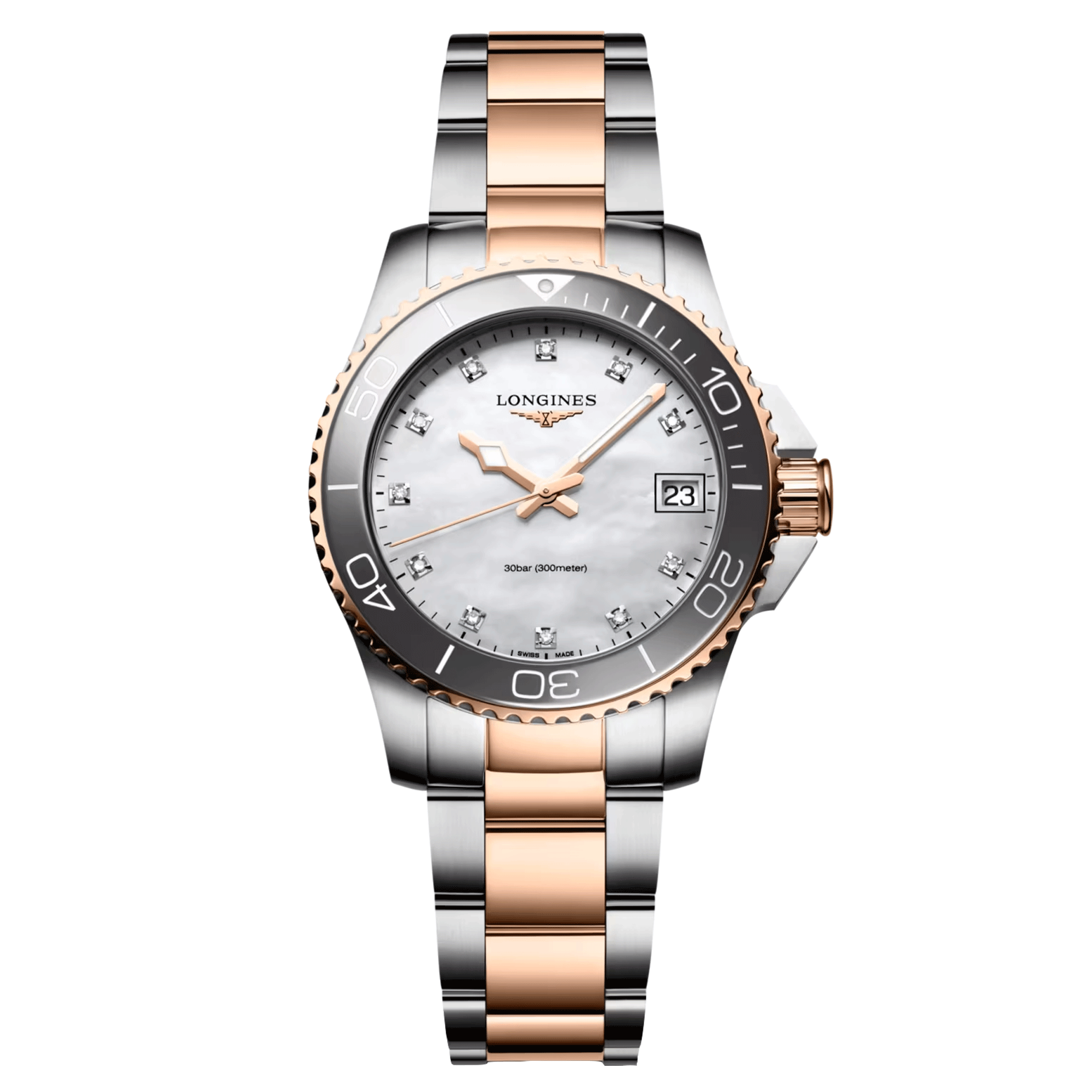Longines Hydroconquest quartz watch diamond markers white mother-of-pearl dial steel bracelet and pink pvd 32 mm