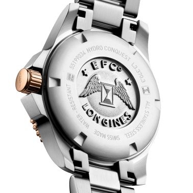 Longines Hydroconquest quartz watch diamond markers white mother-of-pearl dial steel bracelet and pink pvd 32 mm