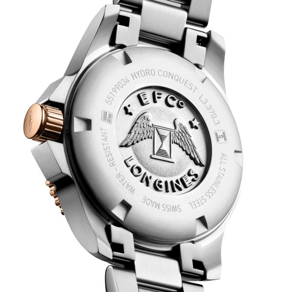 Longines Hydroconquest quartz watch diamond markers white mother-of-pearl dial steel bracelet and pink pvd 32 mm
