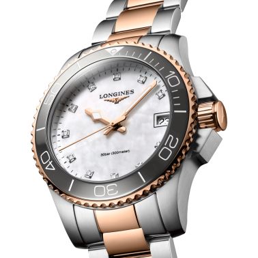 Longines Hydroconquest quartz watch diamond markers white mother-of-pearl dial steel bracelet and pink pvd 32 mm