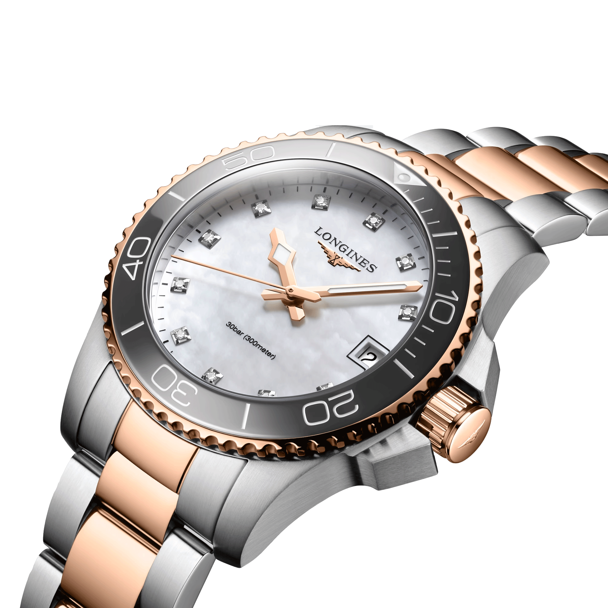 Longines Hydroconquest quartz watch diamond markers white mother-of-pearl dial steel bracelet and pink pvd 32 mm