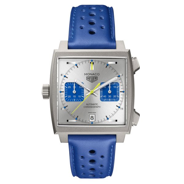Montre TAG Heuer Monaco Chronograph Racing Blue automatique cadran argenté bracelet cuir bleu 39 mm CAW218C.FC6548