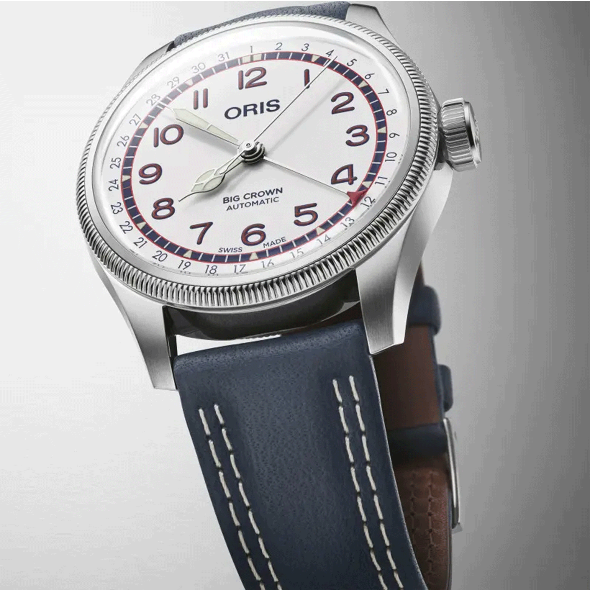 Montre Oris Big Crown Pointer Date Hank Aaron automatique cadran blanc bracelet cuir 40 mm