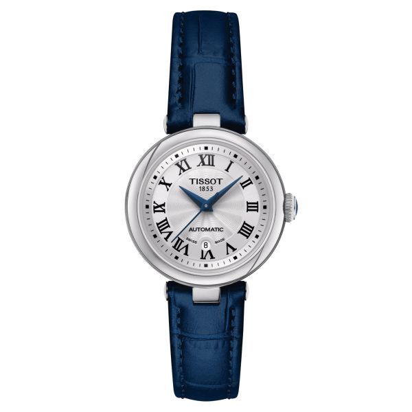 Montre Tissot Bellissima automatique cadran blanc bracelet cuir bleu 29 mm T126.207.16.013.00